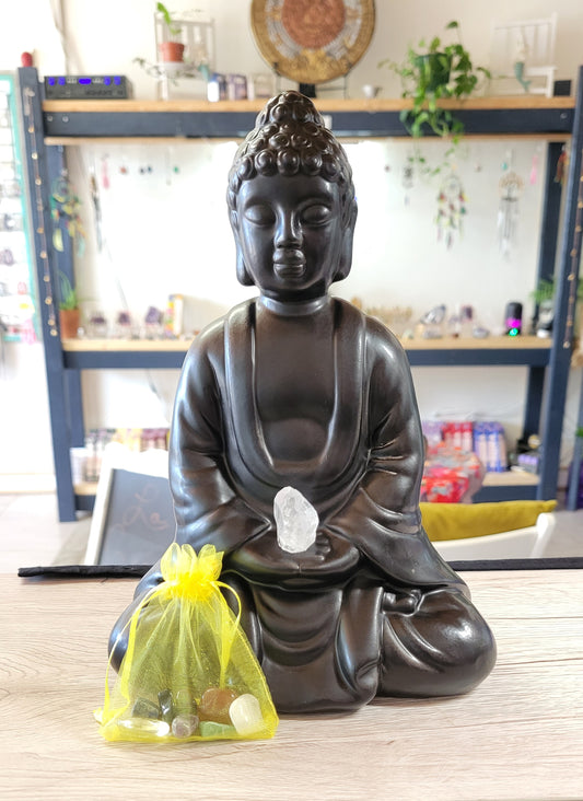 Black Buddha with Point Clear Quartz w/ Chakra Stones Set