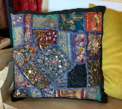 Black and Blue heavy beaded Indian Patchwork Pillowcase.