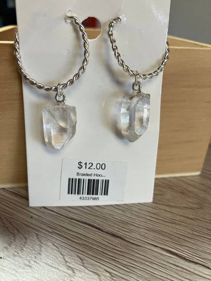 Braided Hoop Earrings with Quartz Point Silver Plated