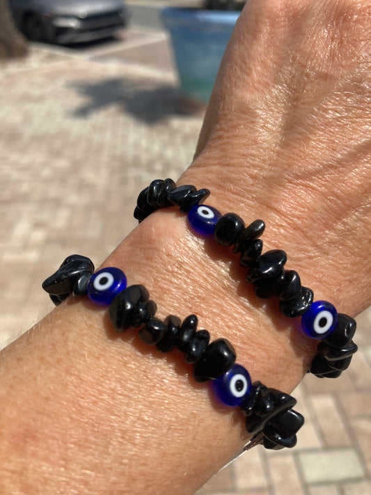 Black Obsidian Chip and Blue Glass Evil Eye Bracelet