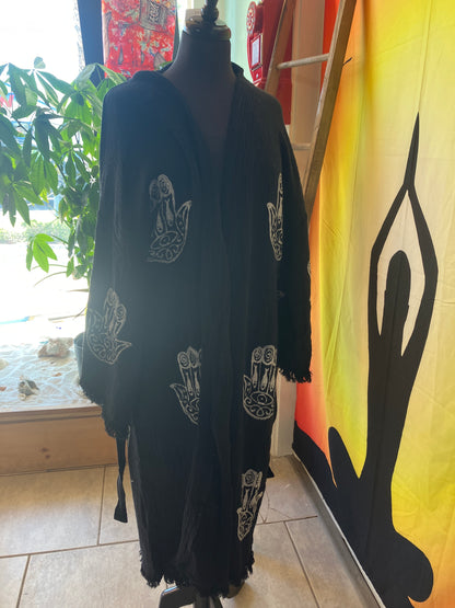 Black Kimono Hamsa Hand Turkish Organic Cotton Hand Block Print Long No Pockets