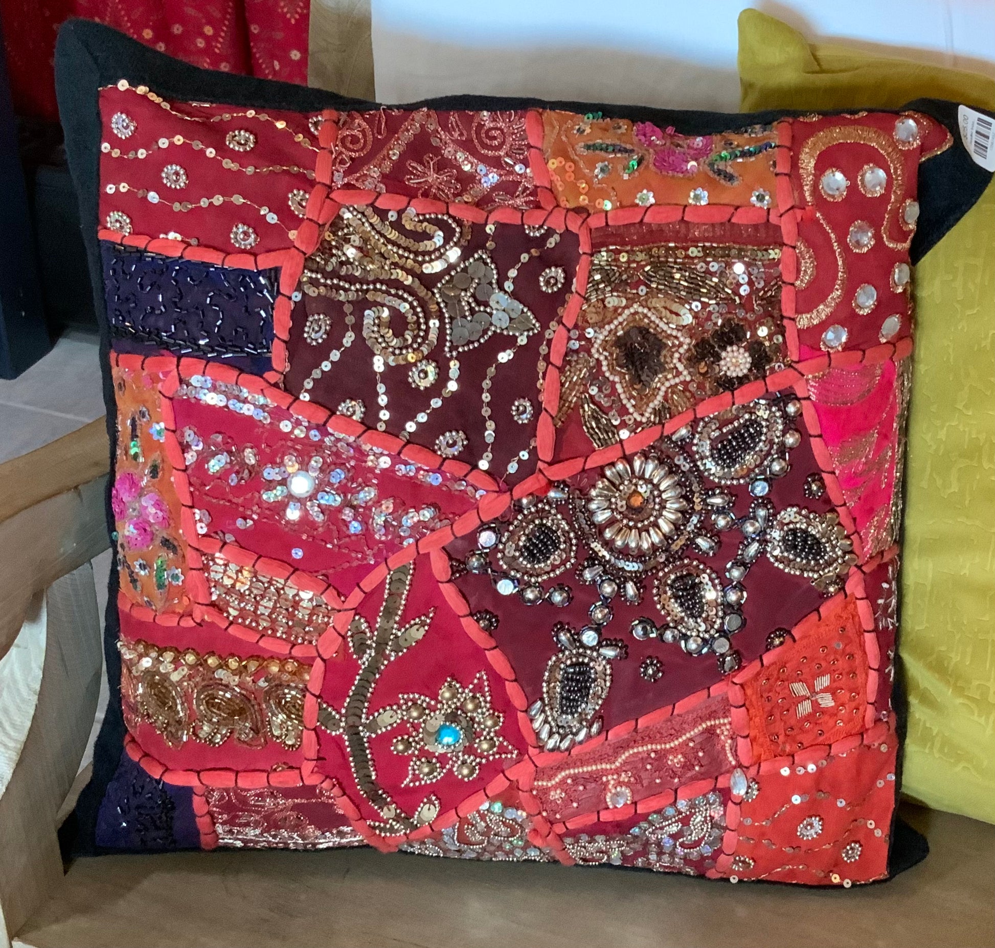 Red and Orange heavy beaded Indian Patchwork Pillowcase.