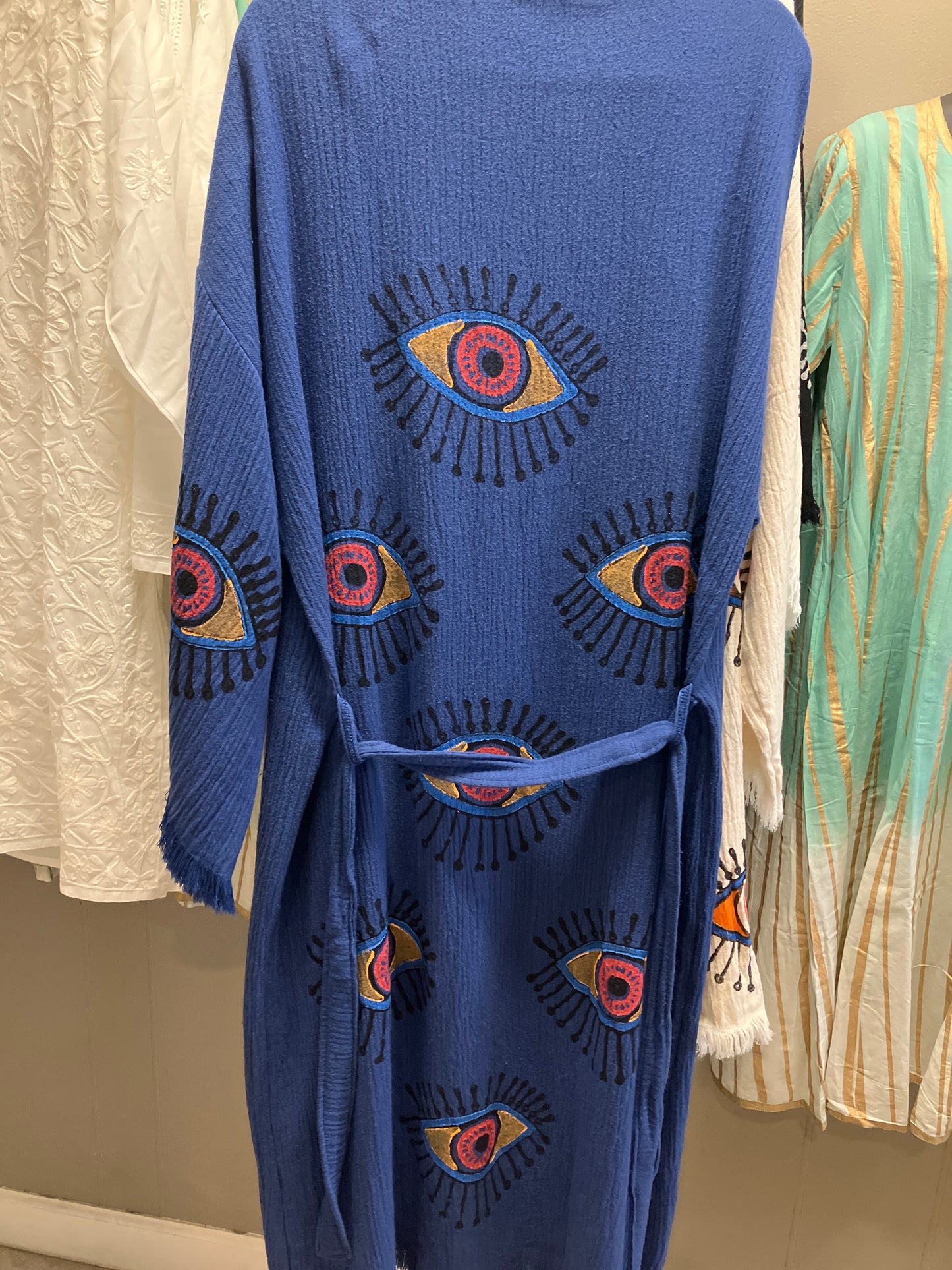 Blue Turkish Kimono Long With Multicolor Eyes