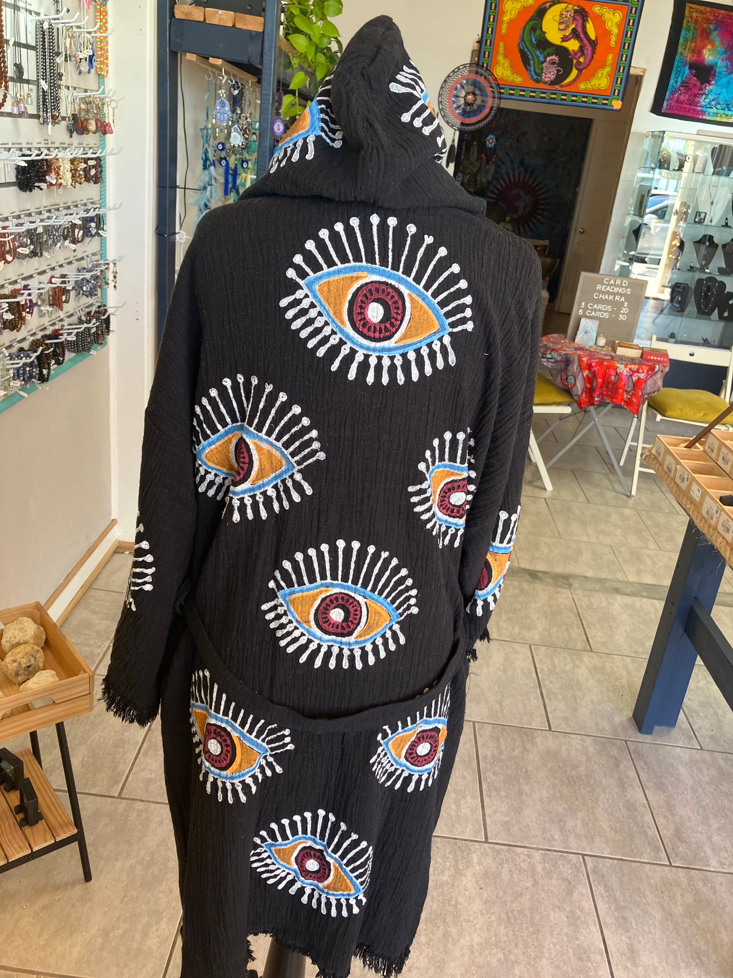 Black Turkish Kimono Organic Cotton Hand Blocked Print Multi Colored Evil Eye Hoodie with Pockets