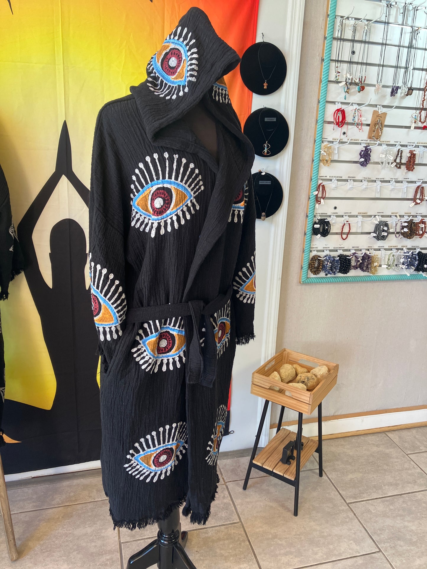 Black Turkish Kimono Organic Cotton Hand Blocked Print Multi Colored Evil Eye Hoodie with Pockets