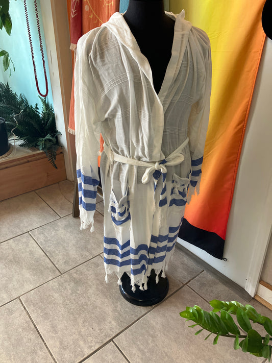 Blue Stripe Bamboo Turkish  Robe W/Hoodie and Pockets