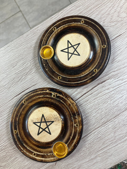 Round  Wooden Incense Burner  Plate with Star Design