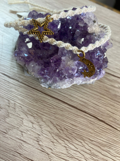 Cotton Macramé Bracelet with Celestial Charm Handmade