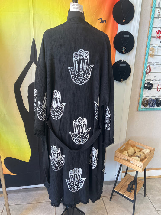 Black Kimono Hamsa Hand Turkish Organic Cotton Hand Block Print Long No Pockets