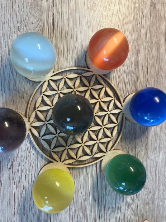 Large Cats Eye Spheres with Flower of Life Wooden Grid