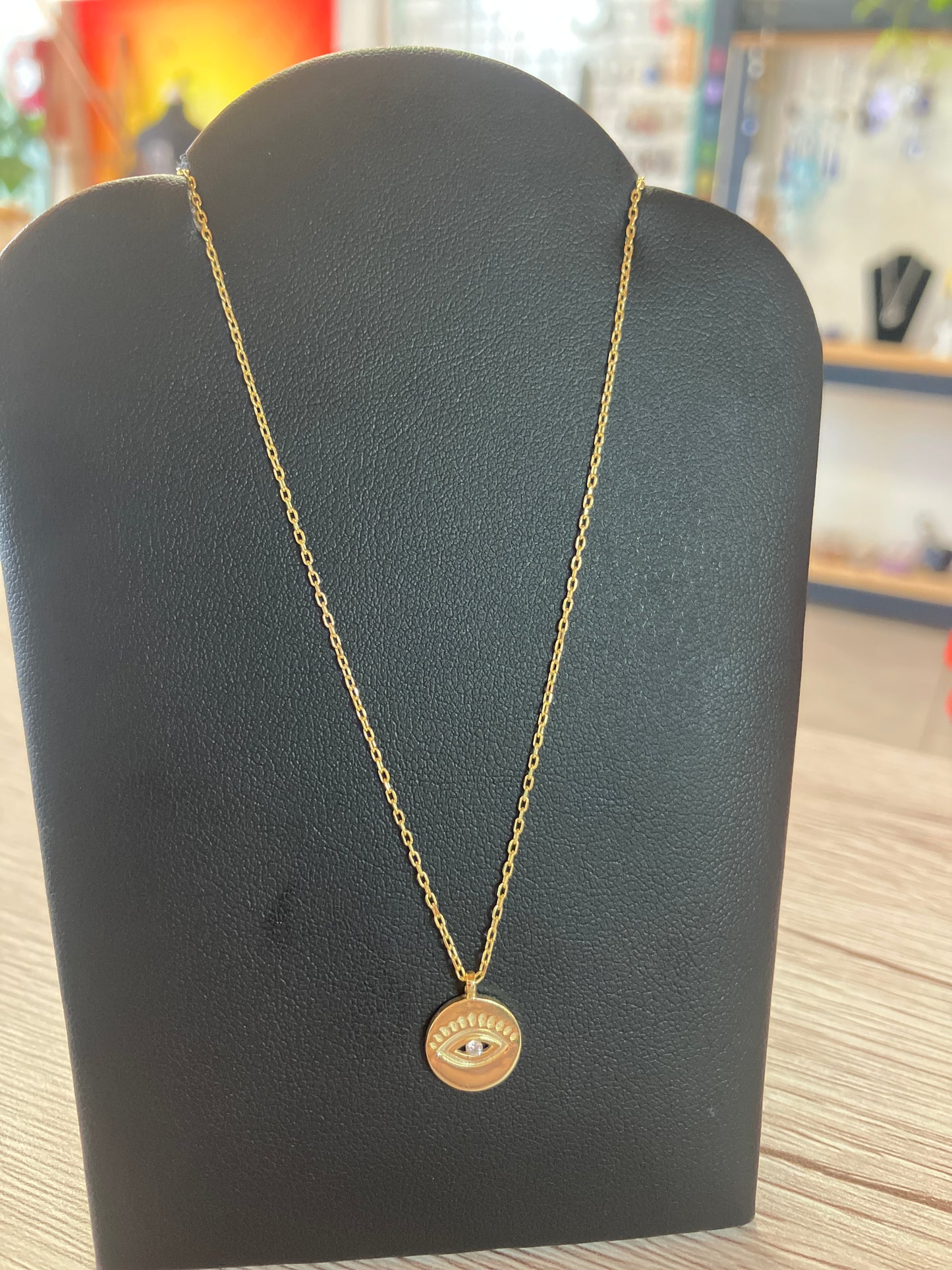 Sterling Silver Gold Plated Neckaces Round Gold with clear stone evil eye