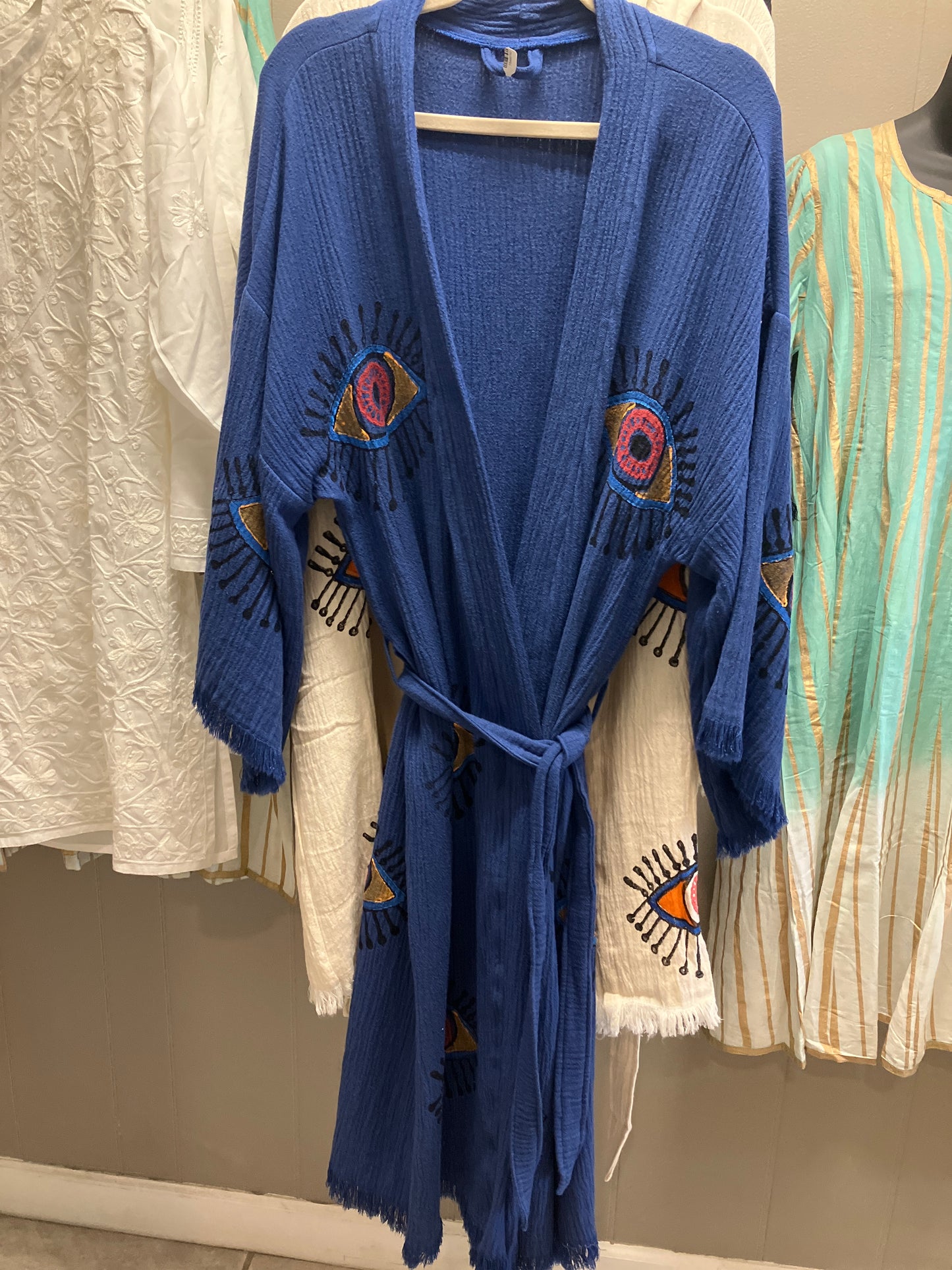 Blue Turkish Kimono Long With Multicolor Eyes